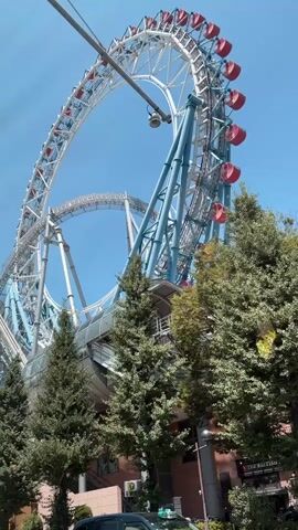A low-angle, outdoor shot captures a large Ferris wheel and a roller coaster against a clear blue sky. The Ferris wheel has many red gondolas. The roller coaster track curves and loops around the Ferris wheel. Several tall green trees are in the foreground, obscuring part of the amusement park structures. The lower portion of the frame shows the tops of cars and a street. The video appears to be taken from inside a moving vehicle, as indicated by the slight blur and partial view of a car in the foreground.