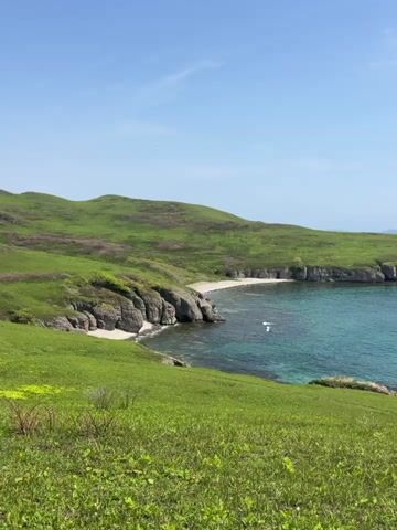 The video shows a scenic view of a green coastline meeting a blue ocean under a clear, slightly cloudy sky. The shot starts with a close-up of a small, sandy beach nestled between rocky cliffs and a grassy hill. The camera slowly pans to the right, revealing more of the ocean and coastline. Eventually, a white car comes into view on the right side of the frame, slightly obscuring the ocean view.