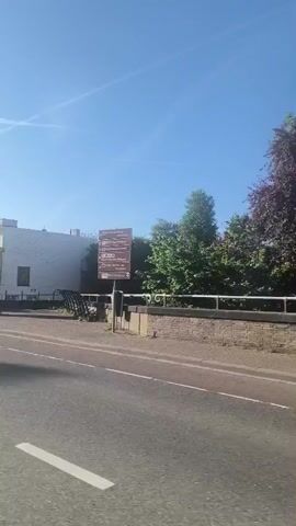 The video shows a view from a vehicle moving along a road with a pedestrian crossing. Trees and buildings are visible on the left and right sides of the road. Traffic signs, including a pedestrian crossing sign and a speed limit sign, are also visible. The video also shows a bridge structure with traffic lights and a barrier. The sky is clear and blue.
