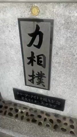 The video shows a stone statue of a sumo wrestler. The statue is gray and appears to be weathered. It is positioned in a sumo wrestling stance, with its legs bent and its arms wrapped around its opponent. A plaque with Japanese writing on it is situated below the statue. A crowd can be heard in the background, suggesting the statue is in a public place.