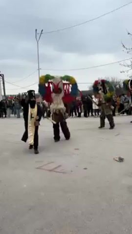 The video shows a group of people participating in a festival. Several individuals dressed in elaborate, colorful costumes, including large headwear and masks, are moving across a paved area, likely a street or square. One figure in a black robe, identified by the distinctive garb as a priest, carries a small bucket and appears to be blessing or observing the costumed performers. A crowd of onlookers is visible in the background, suggesting the event is well-attended. The sky is overcast, indicating a daytime outdoor setting. The overall impression is of a cultural celebration involving ritualistic attire and community participation.