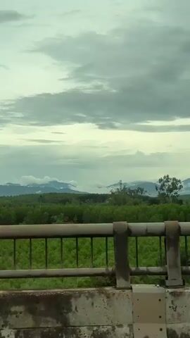 The video shows a view from a moving vehicle. In the foreground, there is a metal railing. Beyond the railing, there is a dense green forest with trees. In the background, there are mountains partially obscured by clouds. The sky is overcast with gray clouds. The camera pans across the landscape, creating a sense of motion. There are no people or specific actions visible in the video. The environment appears to be rural or natural, with a focus on the landscape and the sky.