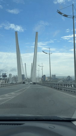 Morning traffic crosses cable-stayed bridge in Vladivostok