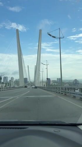Morning traffic crosses cable-stayed bridge in Vladivostok