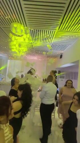 Wedding reception features dancing guests, colorful lights in Topola
