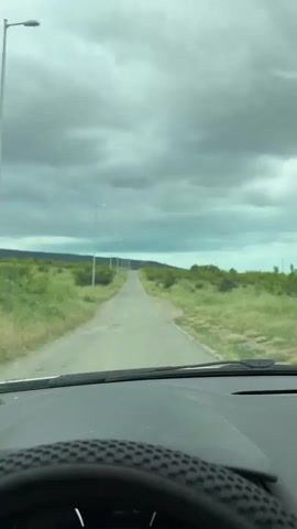 The video is shot from the perspective of a driver inside a vehicle, looking forward through the windshield. The vehicle is on a paved, empty road that stretches into the distance. The road is flanked by green grass and bushes, with a line of streetlights visible on the left side of the road. The sky is overcast with gray clouds. The steering wheel of the vehicle is partially visible in the foreground, suggesting the driver is operating the vehicle. There are no other vehicles or people visible in the video. The overall scene is one of driving through a rural or undeveloped area under cloudy weather conditions.