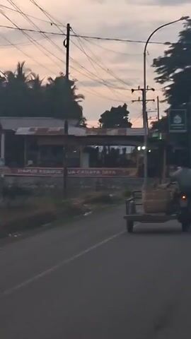 The video shows a motorcycle with a trailer attached, traveling on a road at dusk. The motorcycle is ridden by a person wearing a light green shirt. The trailer is carrying a large woven basket filled with items, possibly produce. In the background, there are buildings with signs, trees, and utility poles. Another motorcycle is visible further down the road. The sky is overcast with soft, diffused light, suggesting either sunrise or sunset. The road appears to be paved. The overall scene depicts a rural or semi-urban setting during twilight hours.
