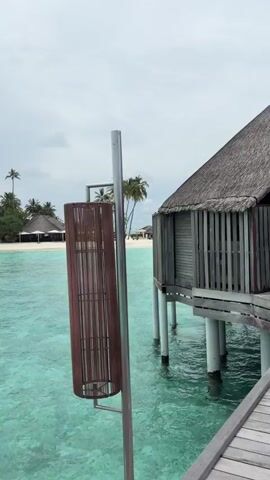 The video pans across a tropical island scene. In the foreground, a wooden pier juts out into clear turquoise water. To the right, an overwater bungalow with a thatched roof stands on stilts. Further out, a white sand beach is lined with palm trees, and several thatched-roof structures are visible. A few people are walking along the pier. The sky is overcast.