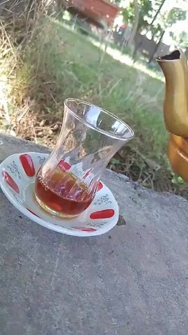 Here is a concise description of the video:

The video shows a golden teapot pouring tea into a traditional Turkish tea glass on a saucer. The glass is about half-full before the pouring begins. The tea is a dark reddish-brown color. The saucer is white with a red and grey pattern. The background includes green grass and trees, and the surfaces appear to be outdoors on a cement surface.  The lighting suggests it is daytime.