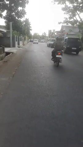 The video shows a street scene with several vehicles. A person is riding a motorcycle in the foreground, moving away from the camera. In the background, there are cars and a truck on the road. The environment appears to be an urban or suburban area with buildings and trees lining the street. The sky is overcast. The camera is mounted on a moving vehicle, likely a motorcycle or car, as it follows the motorcycle in front.