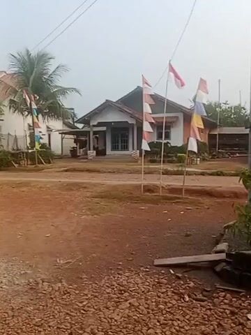 The video shows a residential street with two houses. The houses are simple, single-story structures with tiled roofs. The house on the left is white with a red roof, and the house on the right is white with a grey roof. There are flags of Indonesia displayed in front of both houses, suggesting a national holiday or celebration. Trees, including a palm tree, and plants are visible in the yards of the houses. The street is unpaved and appears to be made of dirt and gravel. The sky is overcast, giving the scene a subdued lighting.