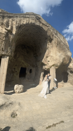 Wedding photo shoot captured at Georgian rock formation