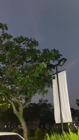 A white car is parked in a paved area at dusk. The sky is a deep blue with hints of pink on the horizon. There is a tall tree with green leaves to the left of the frame. To the right, a lamppost with a white banner hangs next to it. Further in the background, there are more trees and some buildings. The lighting suggests it is either early morning or late evening. The camera is panning slowly from left to right.