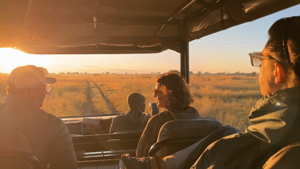 Safari vehicle crosses Botswana grasslands at sunrise