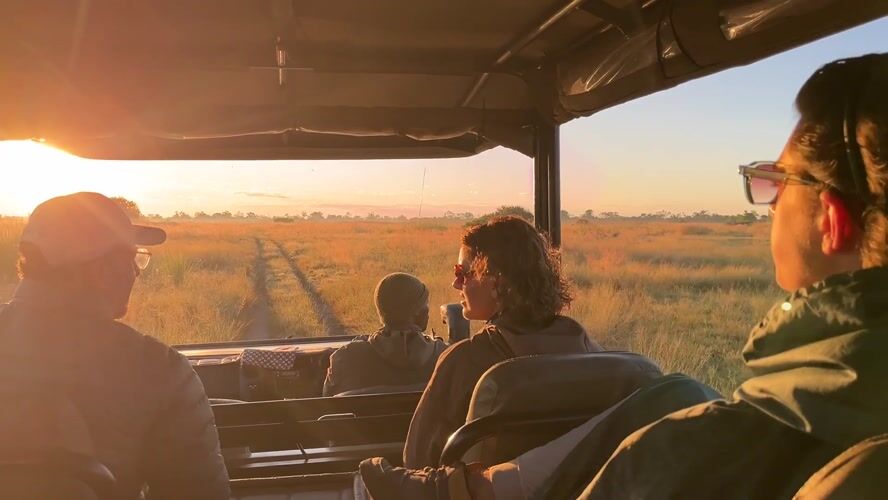 Safari vehicle crosses Botswana grasslands at sunrise