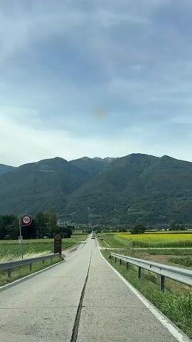 A vertical, POV video captures a car driving down a paved road towards a range of green, tree-covered mountains under a cloudy sky. The road has a visible crack running down the center and is lined with metal guardrails and grassy verges. To the left of the road, there's a brown signpost and a field of green crops. To the right, a field of yellow sunflowers stretches towards the mountains. A few cars are visible in the distance on the road.