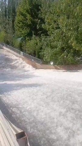 A water channel with turbulent white water flowing downwards, with trees and vegetation on the embankment to the left, and a metal railing along the top of the embankment.