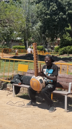Musician plays traditional kora on Barcelona park bench