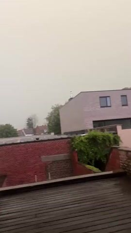 The video shows a view from a rooftop looking towards buildings. The sky is overcast and appears hazy. In the foreground, a dark, wooden rooftop is visible, with some appearing wet. Behind it, a red brick building with a sloped roof is visible. To the right, a modern, light-colored building with dark-framed windows is present, partially obscured by green foliage. The overall impression is of an outdoor scene on a cloudy or rainy day.