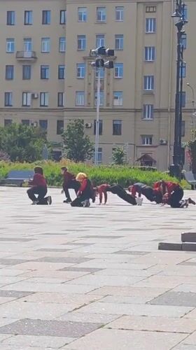 Synchronized dance troupe performs outside Saint Petersburg's National Library