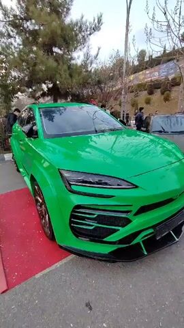 The video shows a bright green Lamborghini Urus parked on a red carpet. The car has custom gold rims with the Lamborghini logo and green brake calipers. The camera focuses on the front and side of the car, showcasing its design and color. There are people in the background, along with trees and a building. The video appears to be taken outdoors during the day.