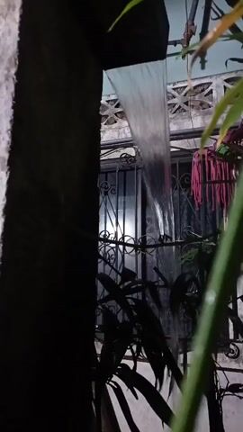 A vertical video depicts a dark, wet outdoor scene with the sound of heavy rain. A solid stream of water cascades from a drainpipe in the upper left corner. The water falls into a cluttered area, obscuring a window with a decorative wrought iron grill. The scene is partially framed by a dark, textured wall on the left and vibrant green plants on the right. A pink object hangs near the window.