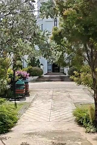 The video shows a pathway leading towards a white building with gothic architectural elements. The building appears to be a church or a castle, with a tall spire. The pathway is made of interlocking stones and is bordered by lush green bushes and trees. There are also two trash bins on the left side of the pathway. The scene is well-lit by natural daylight, suggesting an outdoor setting. The video is shot from a moving perspective, gradually revealing the building as the camera advances.