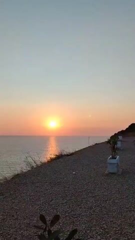 The video shows a sunset over the ocean. The sun is low on the horizon, casting a warm glow across the water. The sky is a mix of orange, pink, and blue. The foreground is a rocky path with some dry grass. There is a potted plant in the upper right corner. The camera is panning slightly to the left.
