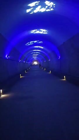 This video shows a perspective shot of a person walking through a tunnel illuminated by blue lights and projecting light patterns on the ceiling. Small yellow lights are spaced out along the sides of the tunnel floor. Several other people are visible in the distance at the end of the tunnel. The tunnel walls appear to be concrete and the ground is a dirt or gravel surface.