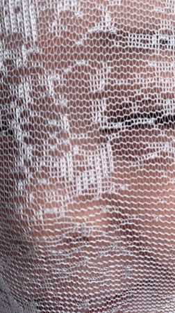 Person filmed behind sheer fabric in Russian village