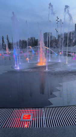 Evening fountain display draws visitors in Perm, Russia