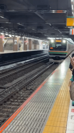 Train arrives at Omiya Station platform in Saitama