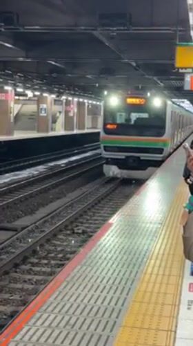 Train arrives at Omiya Station platform in Saitama