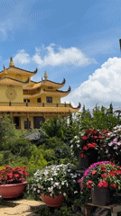 Traditional yellow pagoda captured amid gardens in Da Lat