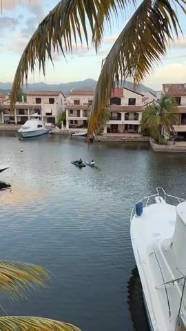The video shows a canal with buildings and palm trees on the shore. Two people are in kayaks on the water. One kayak is green and the other is blue. The person in the green kayak is wearing a grey shirt and the person in the blue kayak is wearing a white shirt. There are two boats docked in the canal. One boat is large and white and the other is smaller and grey. The sky is cloudy and the water is calm.