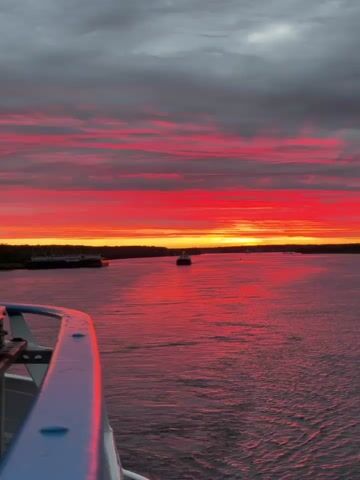 The video captures a vibrant sunrise over a body of water, likely a river or strait, viewed from the deck of a vessel. The sky is ablaze with intense reds, oranges, and pinks, indicative of a dramatic sunrise or sunset. Dark, moody clouds are interspersed with the colorful streaks, creating a stark contrast. The water reflects the fiery colors of the sky, creating a deep red hue that covers the surface. In the distance, a small ship is visible, sailing away from the viewer and towards the horizon where the sun is the brightest. The coastline on either side of the water is lined with trees and some man-made structures, suggesting a developed area or port. In the foreground, the railing of the vessel is visible, painted blue with white accents, and reflecting the reddish light of the sunrise. The overall impression is one of a serene and breathtaking natural spectacle, observed from a moving vessel.