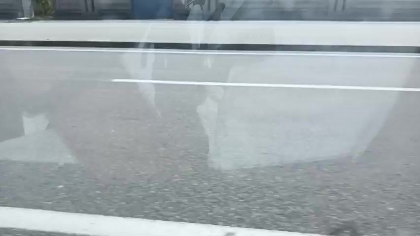 The video shows a view through a window, possibly of a vehicle, looking out at a street scene. The street is paved with asphalt and has a white line marking a lane. In the reflection on the window, there are white, translucent shapes that appear to be fabric or sheets. Beyond the street, a sidewalk or raised area is visible, and further in the background, there are reflections of buildings and a white car. The lighting suggests it is daytime.