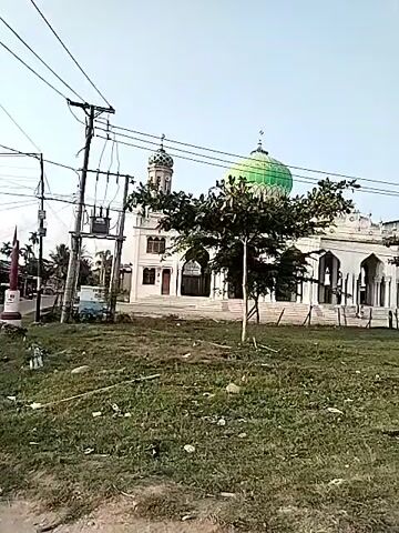 The video shows a mosque with a green dome and a tall minaret. The mosque is white and has arches in the front. There are trees in front of the mosque and a grassy field in front of that. Power lines run across the top of the frame. The sky is clear and blue. The camera is moving slowly, possibly from a vehicle. The mosque appears to be in a rural area with a dirt road in the foreground. There is some litter scattered on the grass.