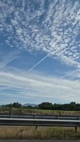 The video shows a view from inside a vehicle, looking out at a bright blue sky filled with scattered white clouds. Some of the clouds are in a mackerel sky pattern, while others are more stretched out, possibly contrails from aircraft. Below the sky, a line of green trees and bushes forms a natural barrier, with a silver guardrail and green grass in the foreground. The scene appears to be from a roadside perspective, possibly a highway, with the vehicle in motion causing a slight blur. The overall impression is one of a sunny day during travel.