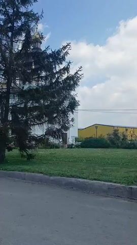 This is a video of a white church with a green roof and gold domes, set against a blue sky with scattered clouds. A large evergreen tree is in the foreground, partially obscuring the view of the church. The church has multiple windows and crosses atop its domes. The ground in front of the church is covered with grass and some small plants. A paved road or sidewalk is visible in the lower part of the frame. The camera pans slowly from left to right, providing a slightly angled view of the church.