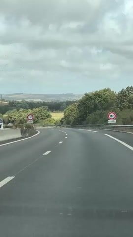 The video shows a view from a vehicle traveling on a highway. The road curves to the right, with green trees and hills in the background under a cloudy sky. Two circular speed limit signs are visible, indicating 110. The road has white lane markings. There are no people or specific interactions visible.