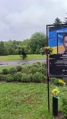 Outdoor memorial display with portraits and Ukrainian flags, Ladyzhyn