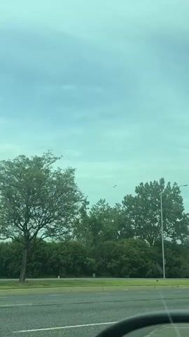 The video depicts three aircraft flying in formation across a cloudy sky, partially obscured by trees and greenery. The camera seems to be positioned at street level. The planes appear to be flying away from the camera and fading into the distance. A street runs along the bottom of the frame.