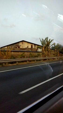 The video is shot from a moving vehicle, likely a car, looking out of the passenger side window. The perspective is slightly angled and tilted. The scene outside consists of a paved road with a white line marking the lanes. Adjacent to the road is a strip of dry grass and some palm trees, beyond which is a building with a corrugated metal roof and weathered walls. The sky is overcast, and reflections of the interior of the vehicle are visible on the window, obscuring parts of the scene. The motion of the vehicle suggests travel.