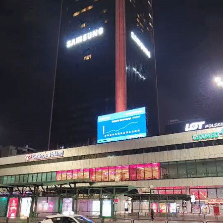 Nighttime urban scenes documented across central Warsaw during evening rush
