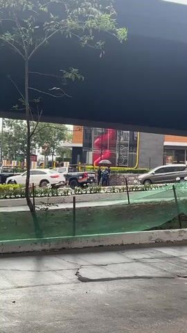 The scene shows a road with traffic moving past a McDonald's restaurant. A municipal police truck is parked near the sidewalk in front of the restaurant, and two people stand nearby holding an umbrella. The restaurant has a large red structure visible, likely part of a playground area. The road is lined with a green barrier. The weather appears to be overcast. A tree is visible in the foreground, partially obscuring the view.
