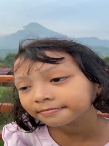 A young girl with dark hair sits on a wooden stump, smiling at the camera. She is wearing a pink and floral dress and white sneakers. Behind her is a wooden fence, and beyond that a scenic landscape with green hills, trees, buildings, and a large mountain partially obscured by clouds. The sky is overcast.