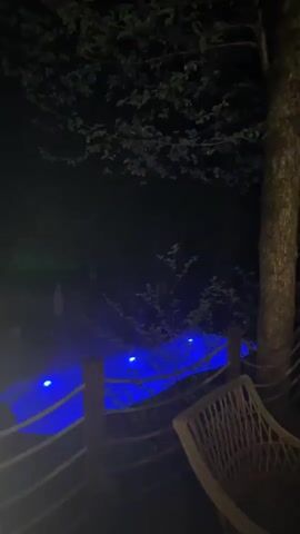 The video shows an outdoor scene at night. A tree with green leaves stands tall, and a wicker chair is in the foreground. There's a body of water, possibly a pool, lit with bright blue lights. The water is surrounded by a rope fence. The scene is dark, with only the blue lights and some distant green lights visible.