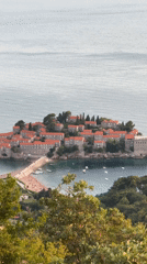 Golden hour views of Sveti Stefan from the hills above