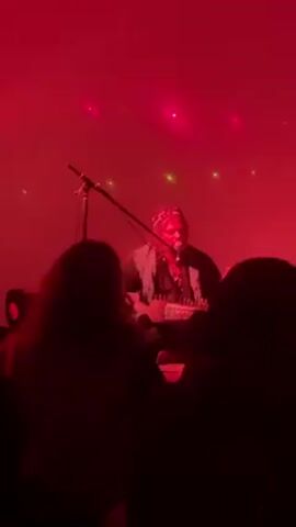 Here's a description of the video:

The video shows a musician performing on stage. They are sitting and playing an instrument while singing into a microphone. The stage is bathed in red light, with some green laser-like lights flickering in the background.

The musician is the central figure, and their actions (playing the instrument and singing) are the focus. There are audience members visible in the foreground, silhouetted against the bright stage, watching the performance. A speaker is to the left of the musician.